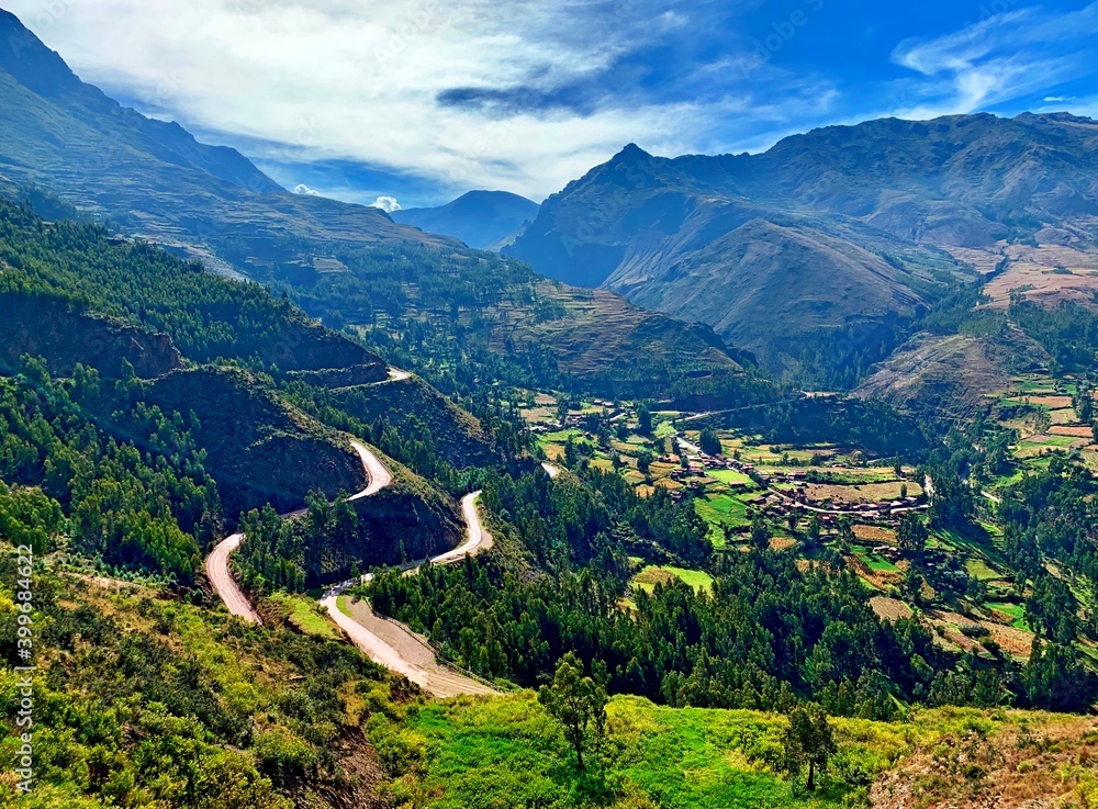 Winding roads to Sacred Valley Incas Urubamba in Andes mountains Peru. Idyllic peaceful nature at summer season. Spectacular Peruvian landscape in Cuzco region.
