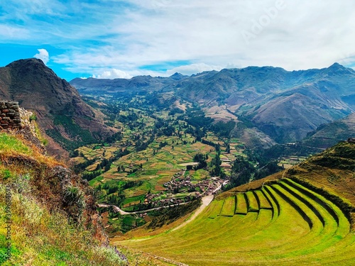 Sacred Valley Incas Peru Urubamba province Cuzco region, Green grass agriculture terraced fields, Spectacular view on Andes mountains at summer Fototapet