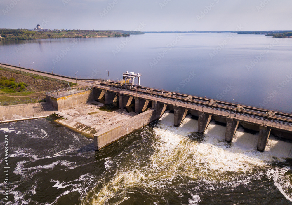 Aerial view of concrete dam on water reservoir near Voronezh, Russia