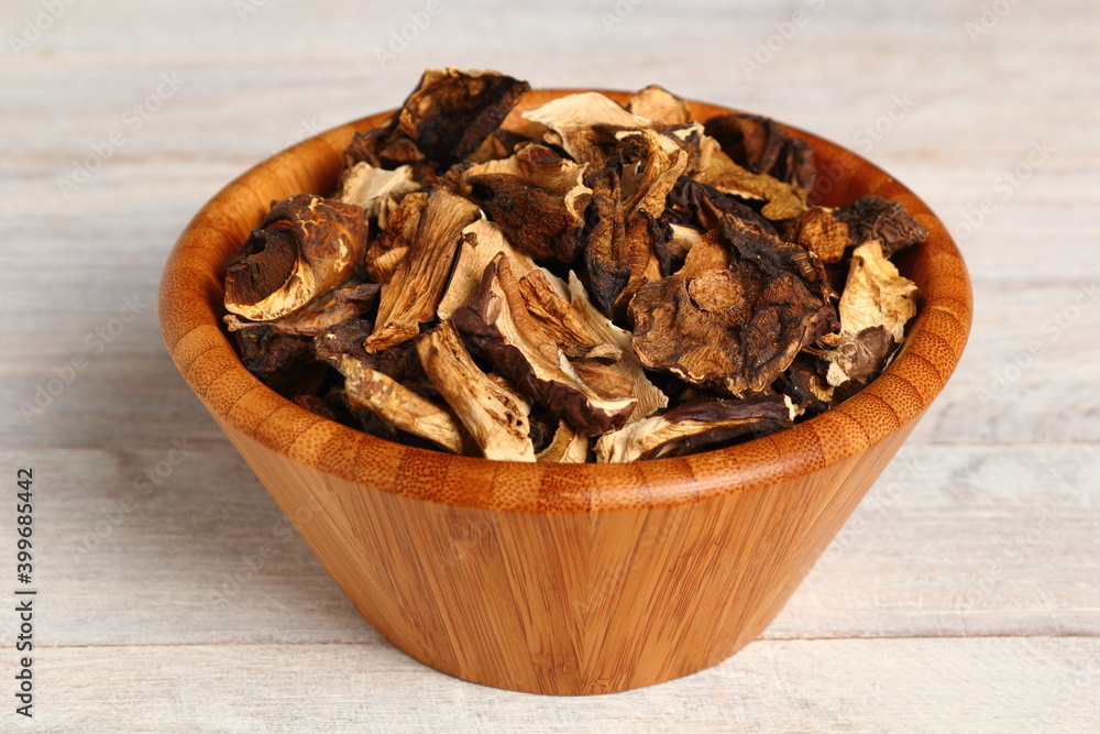Dried mushrooms in wooden bowl. Boletus badius. Dried mushrooms in wooden bowl. Boletus badius.