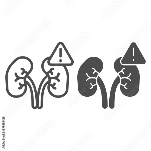 Exclamation point and kidney problems line and solid icon, disability concept, kidney failure sign on white background, kidney disease icon in outline style. Vector graphics.