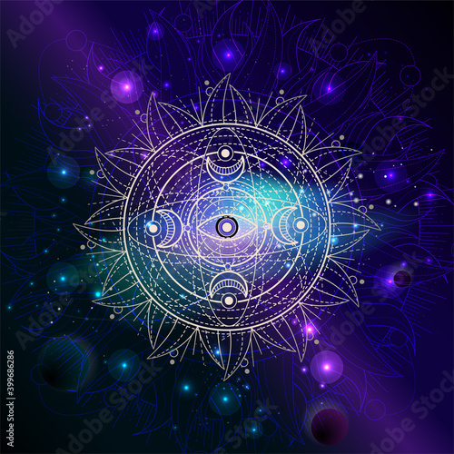 Vector illustration of Sacred geometric symbol against the space background with galaxy and stars. Mystic sign drawn in lines. Image in blue and purple color.