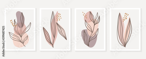 Botanical and gold abstract wall arts vector collection.  Golden and luxury pattern design with leaves line arts, Hand draw Organic shape design for wall framed prints, canvas prints, poster, home dec