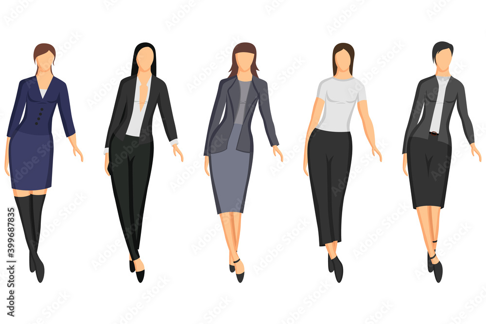 Obraz premium Women's work outfits for going to work, dresses, skirts, jackets.