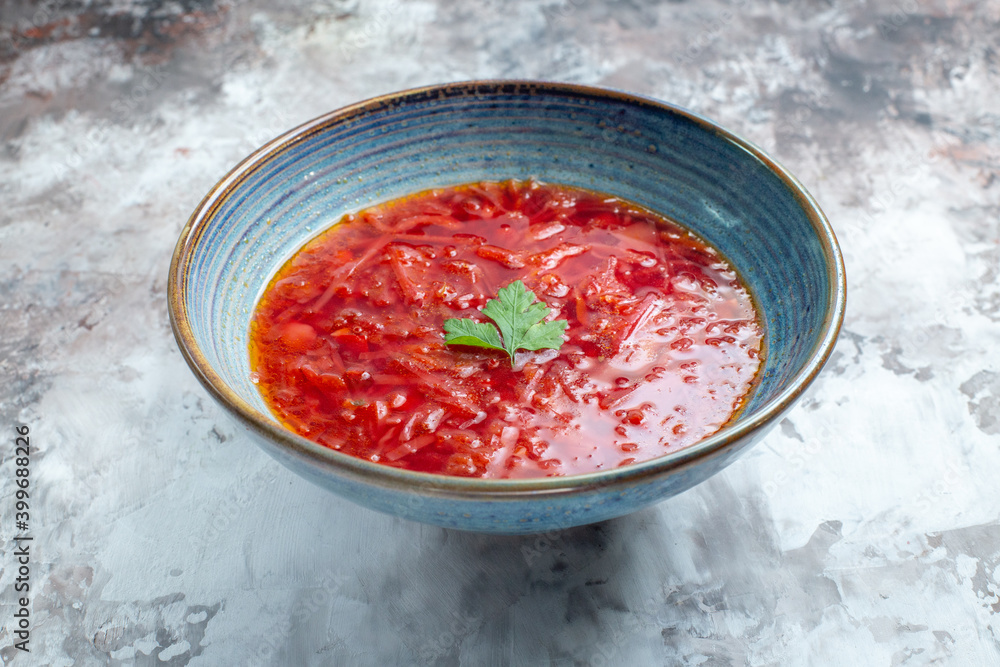 front view delicious borsch ukrainian beet soup inside plate on a white background color meal cabbage photo dish red