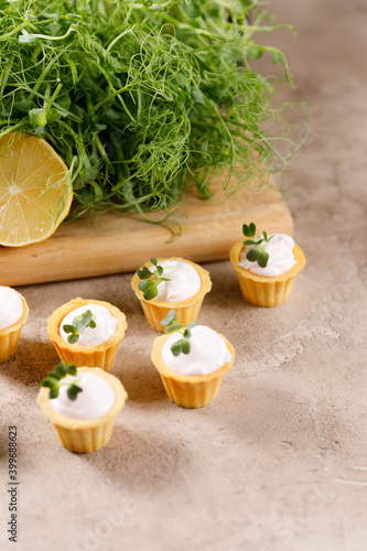Fototapeta Naklejka Na Ścianę i Meble -  Canapes with light cream filling. Still life with microgreens. The concept of an appetizing snack.