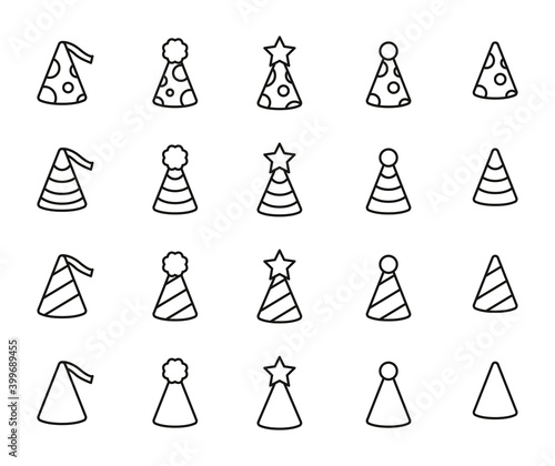 Set of party hat related vector line icons.