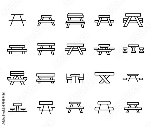 Simple set of picnic table icons in trendy line style.