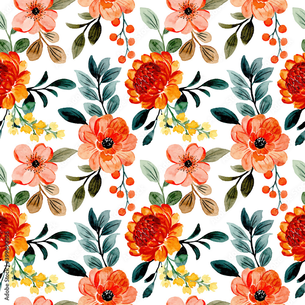 Foto auf Acrylglas mit Nahtloses Muster orange Blumen- und Grünblätter mit Aquarell #399690055