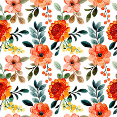 Ingelijste posters Oranje patronen Aquarel oranje bloemen groene bladeren  © Asrulaqroni