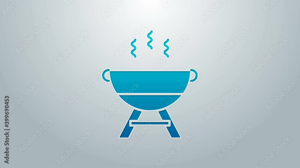 Blue line Barbecue grill icon isolated on grey background. BBQ grill party. 4K Video motion graphic animation Blue line Barbecue grill icon isolated on grey background. BBQ grill party. 4K Video motion graphic animation