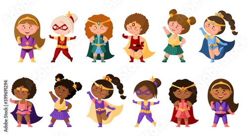 Superhero cartoon girls in super costumes, cute african american female characters isolated vector clipart on white background, superhero comic books baby girls, childish vector illustration set
