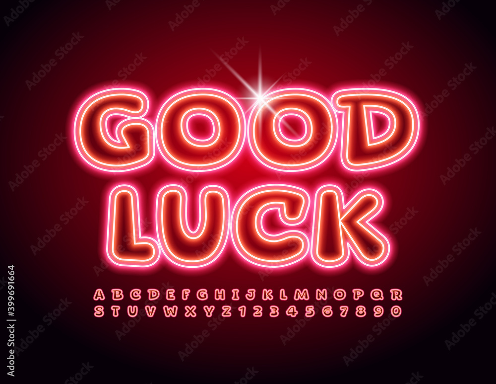 Vector neon card Good Luck. Red glowing Font. Illuminated led Alphabet Letters and Numbers set