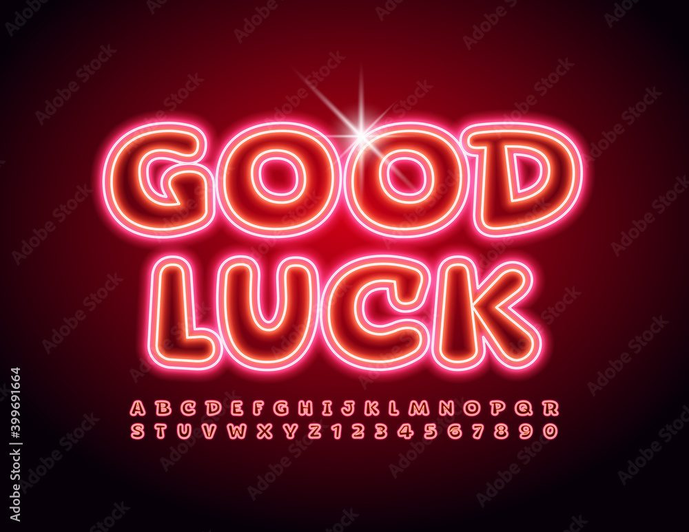 Vector neon card Good Luck. Red glowing Font. Illuminated led Alphabet Letters and Numbers set Vector neon card Good Luck. Red glowing Font. Illuminated led Alphabet Letters and Numbers set