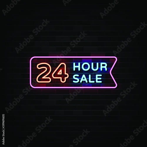 24 Hour Sale Neon Signs Vector. Design Template Neon Style
