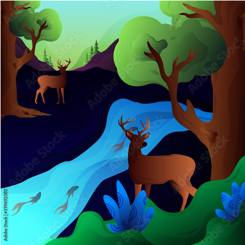 natural forest with deer animal background illustration