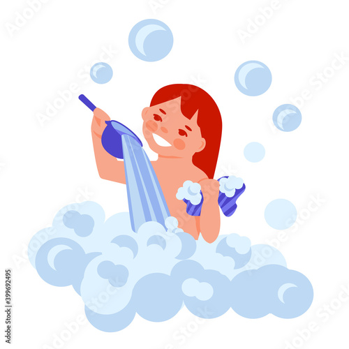 A little girl washes in a bubble bath. Vector concept. Cartoon flat style.