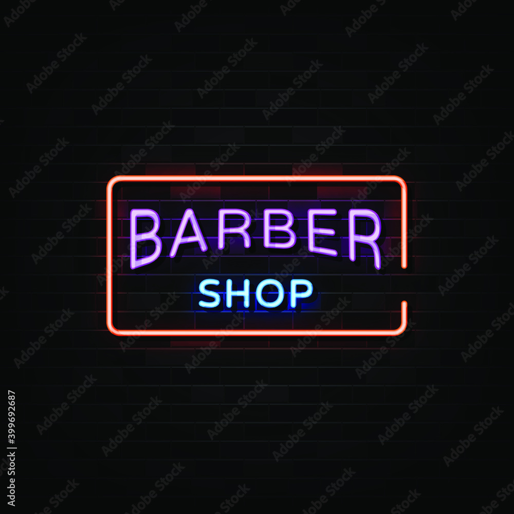Barber shop neon sign, design template, modern trend design, night neon signboard, night bright advertising, light banner. Vector illustration