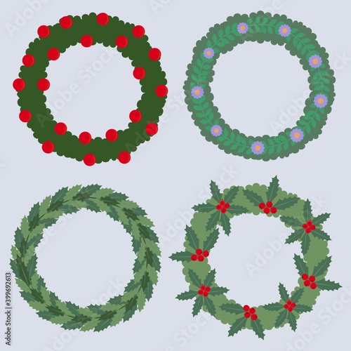 Christmas wreath set. Garland collection. Flat design.