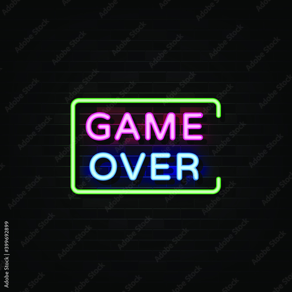 Game Over neon sign, Gaming design template, modern trend design, night neon signboard, night bright advertising, light banner, light art. Vector. Game Over neon sign, Gaming design template, modern trend design, night neon signboard, night bright advertising, light banner, light art. Vector.