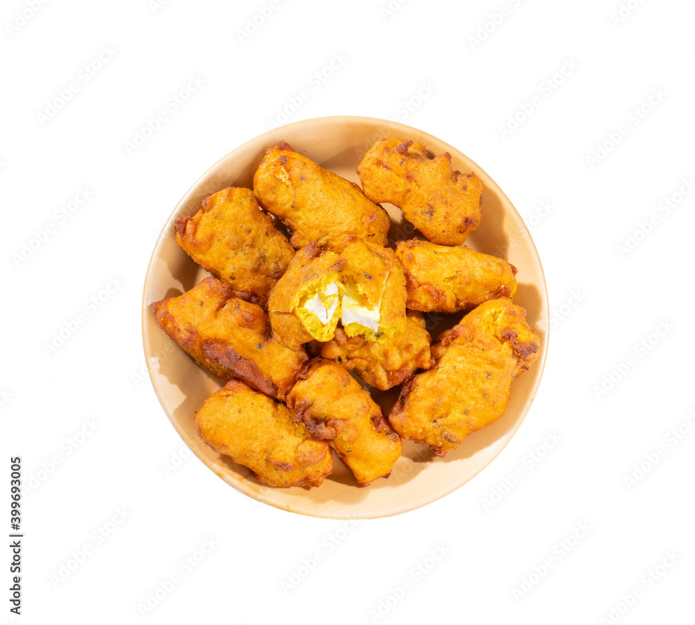 Indian Traditional Paneer Pakora or Pakoda Snacks on White Background Indian Traditional Paneer Pakora or Pakoda Snacks on White Background