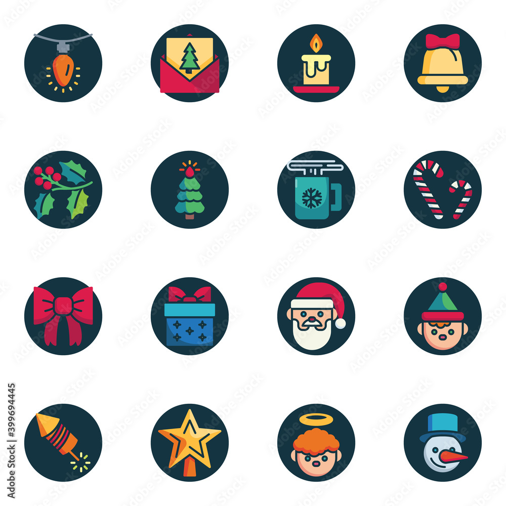 Christmas and New Year elements collection flat icons set, Colorful symbols pack contains - garlag light, invitation, candle, snowman, santa, xmas tree, gift. Vector illustration. Flat style design
