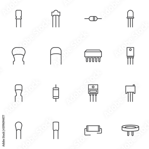 Capacitor line icons set, outline vector symbol collection, linear style pictogram pack. Signs logo illustration. Set includes icons as computer microchip, electronic components, transistors, resistor