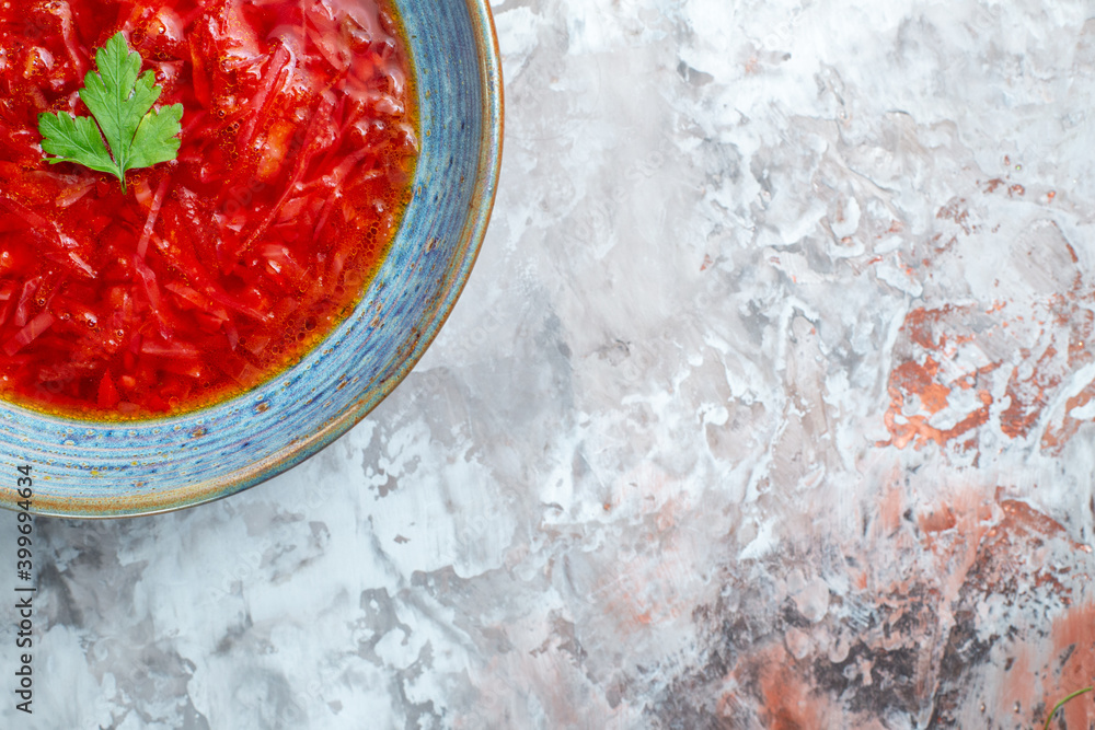 top view delicious borsch ukrainian beet soup inside plate on white background cabbage red color photo dish meal free space