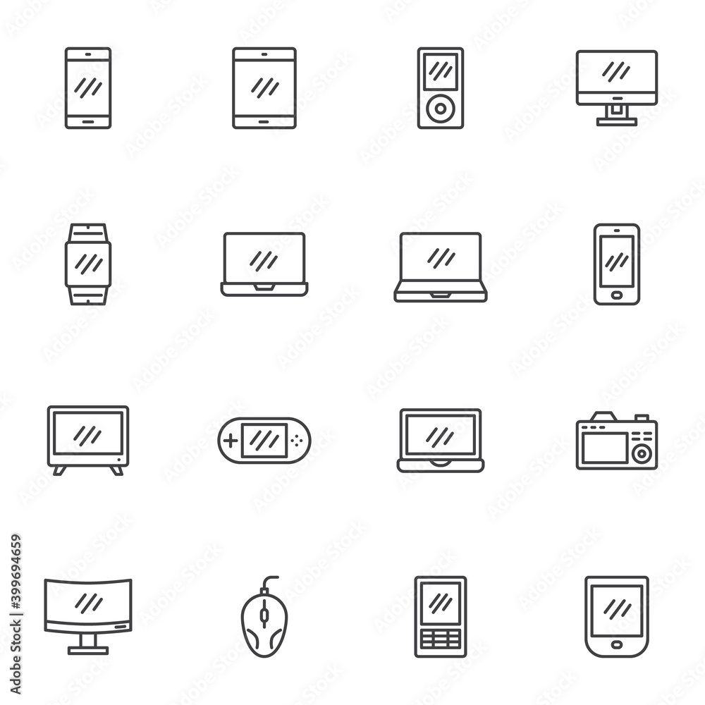 Device screen line icons set, outline vector symbol collection, linear style pictogram pack. Signs, logo illustration. Set includes icons as pc monitor, laptop, smartphone display, tablet, smartwatch Device screen line icons set, outline vector symbol collection, linear style pictogram pack. Signs, logo illustration. Set includes icons as pc monitor, laptop, smartphone display, tablet, smartwatch