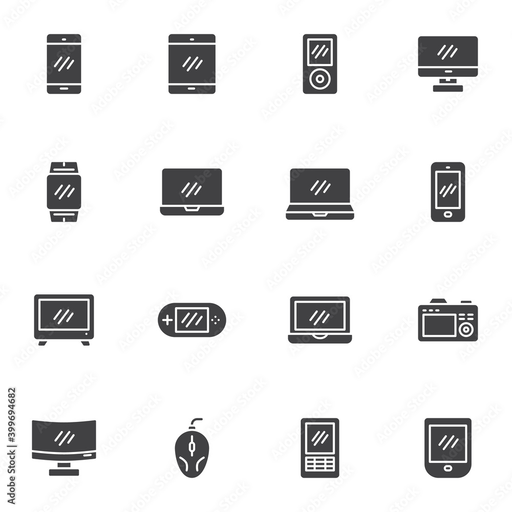 Device screen vector icons set, modern solid symbol collection, filled style pictogram pack. Signs, logo illustration. Set includes icons as pc monitor, laptop, smartphone display, tablet, smartwatch