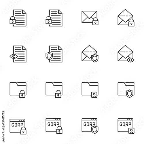 Data protection line icons set, outline vector symbol collection, linear style pictogram pack. Signs, logo illustration. Set includes icons as GDPR privacy, document folder protection, email security