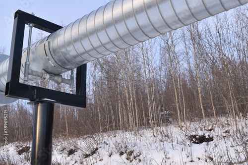 Horizontal aluminum pipe or conduit, above ground, with snow and bushes in background. Part of utilidor system. photo