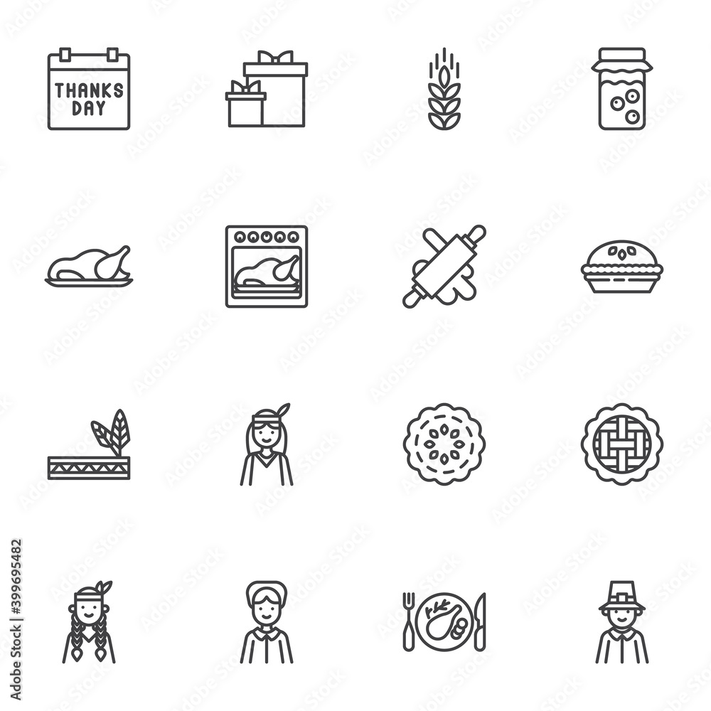 Thanksgiving day line icons set, outline vector symbol collection, linear style pictogram pack. Signs, logo illustration. Set includes icons as thanksgiving day calendar, gift box, turkey, apple pie