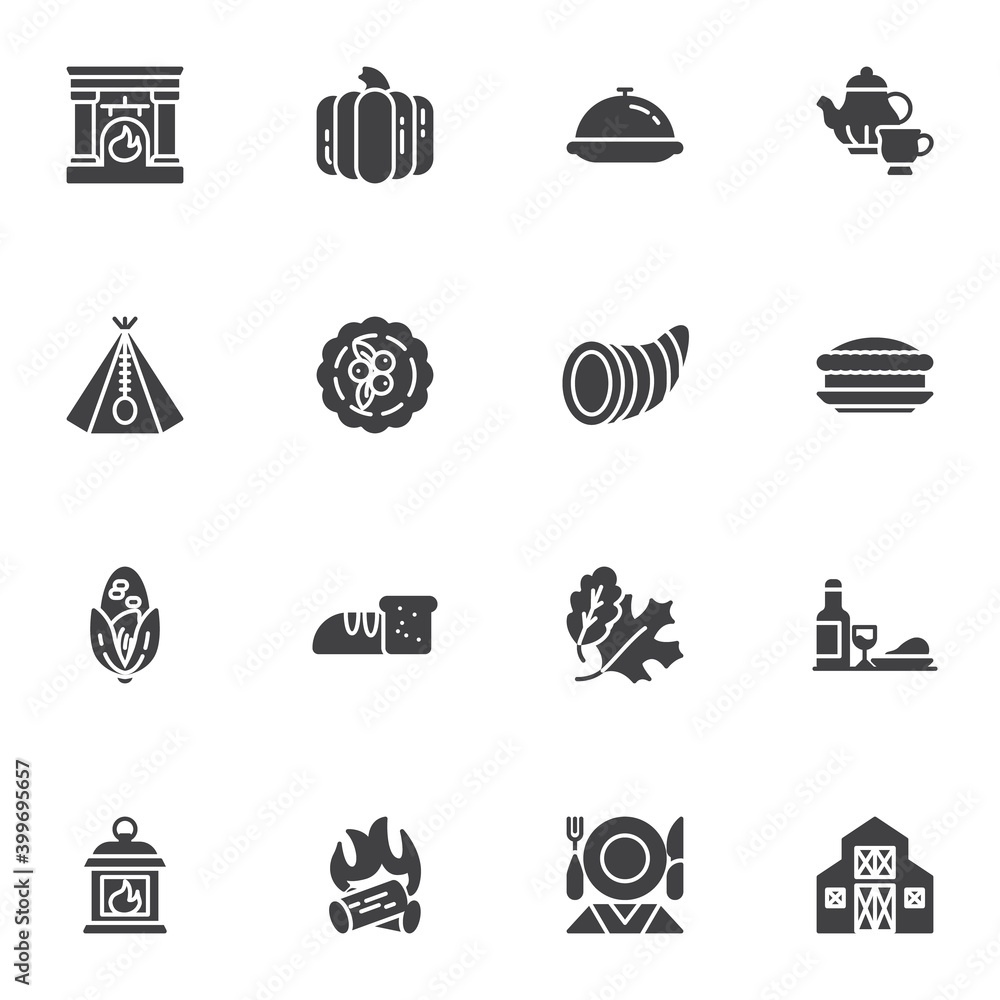 Naklejka premium Thanksgiving day holiday vector icons set, modern solid symbol collection, filled style pictogram pack. Signs, logo illustration. Set includes icons as pumpkin, diner food, berry pie, autumn leaves