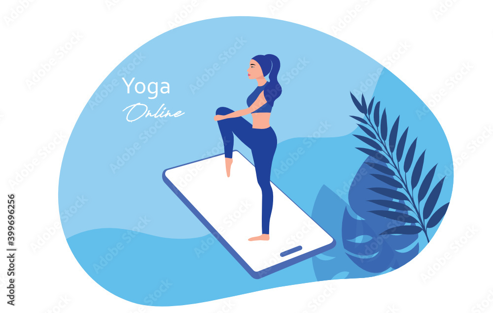 Yoga online concept, woman doing yoga exercises at home with online class instructor vector illustration