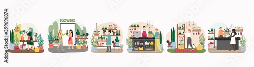 Flowers shop concept vector illustration. Female florist makes flower bouquet for customer. Woman buys house plants in flower store