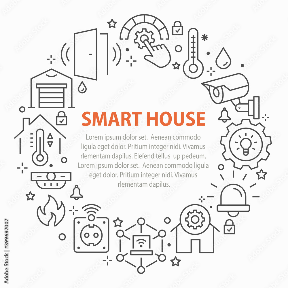 Smart home circle template icons. Set of automation system, security, surveillance and more. Vector illustration.