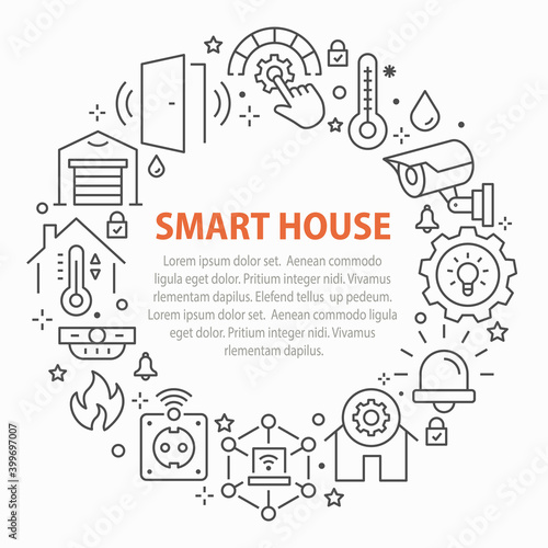 Smart home circle template icons. Set of automation system  security  surveillance and more. Vector illustration.