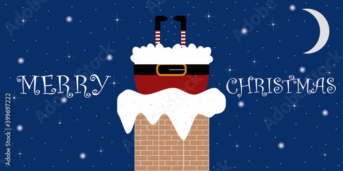 Santa Claus is stuck on the roof in the chimney. Merry Christmas illustration. Festive background with moon and shining stars. Vector illustration.