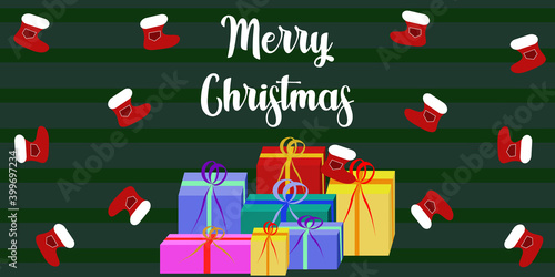 Christmas background in green with tinsel for holiday banners and labels. Elements of gift boxes and Xmas socks. Vector illustration.