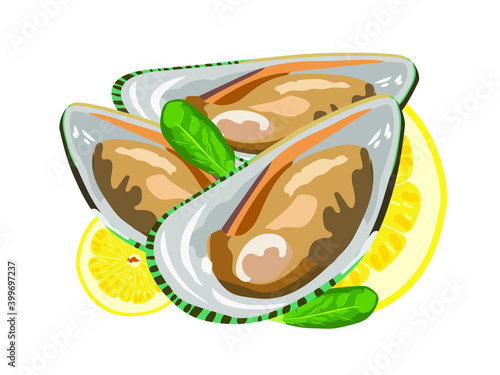 Mussels with lemon and herbs and spinach, Set of Seafood with herbs and frontline illustration isolated on white background