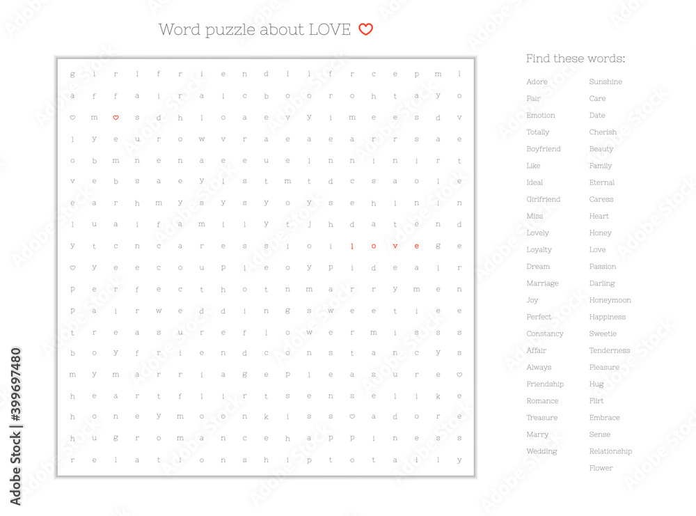 Valentine's day word puzzle crossword - find the listed words about love in  the brain work puzzle. attentiveness test, riddle game in English. words  are located forward and down Stock Vector