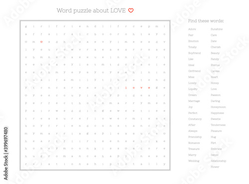 Valentine's day word puzzle crossword - find the listed words about love in the brain work puzzle. attentiveness test, riddle game in English. words are located forward and down