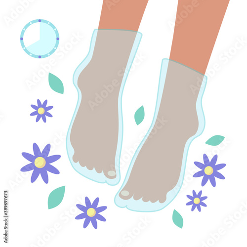 Woman's feet wearing mask in the form of a sock with flowers, leaves, clock isolated on white background. Legs care concept. Vector flat illustration. Cosmetic procedure for women at home.