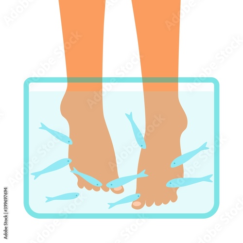 Foot care with Garra Rufa fish natural peeling and massage in spa isolated on white background. Spa treatment with fish. Legs care concept. Vector flat illustration.