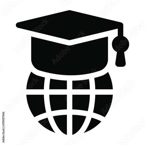 
Global education in glyph icon with mortarboard 
