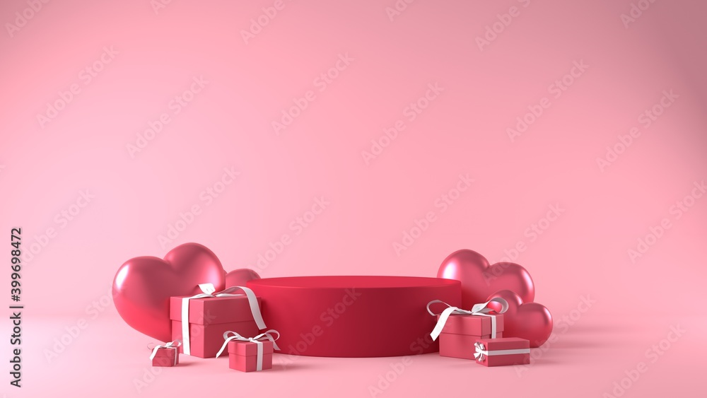 pink podium in valentines background with decorations - obrazy, fototapety, plakaty 