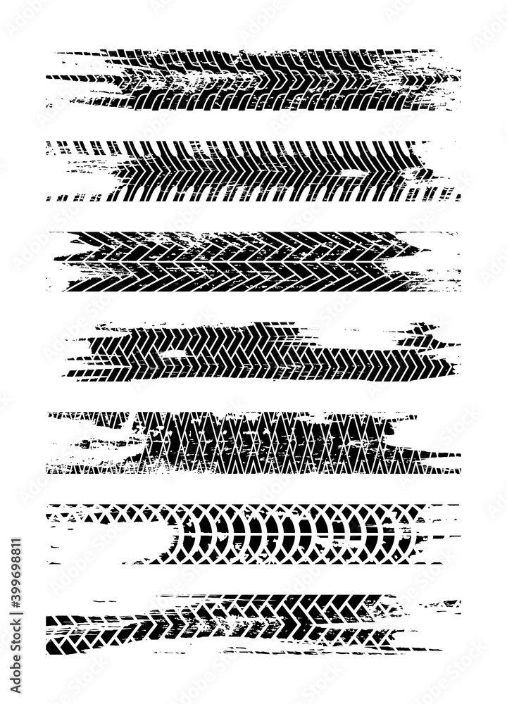 Black tire track silhouette set. Grunge tire track isolated on white background. Tire track with ink blots. Tire track road splatter wallpaper. Black tire track silhouette set. Grunge tire track isolated on white background. Tire track with ink blots. Tire track road splatter wallpaper.