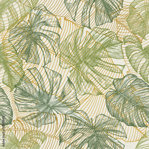 Seamless tropical pattern with exotic palm leaves. Hand-drawn green outlines on a light background. Drawn with pen and ink. Botanical design. Plants jungle.