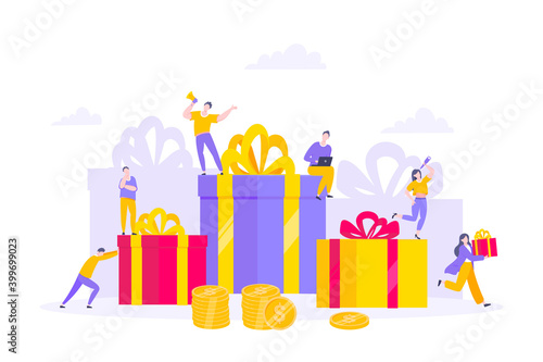 Earn loyalty program points and get online reward and gifts. Get loyalty card and customer service business concept flat design vector illustration. Tiny people with big card and money.